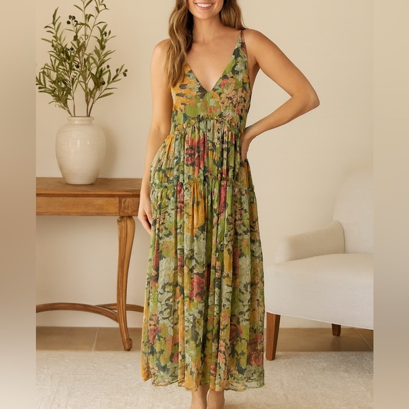 Free People Julianna Green Floral Chiffon Maxi Dress V Neck Sleeveless Size  S - mordernwear.com